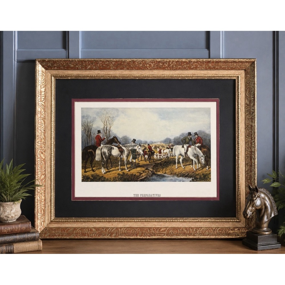 Vintage The Preparatives Fox Hunting Print Framed Equestrian Wall Art 24x20